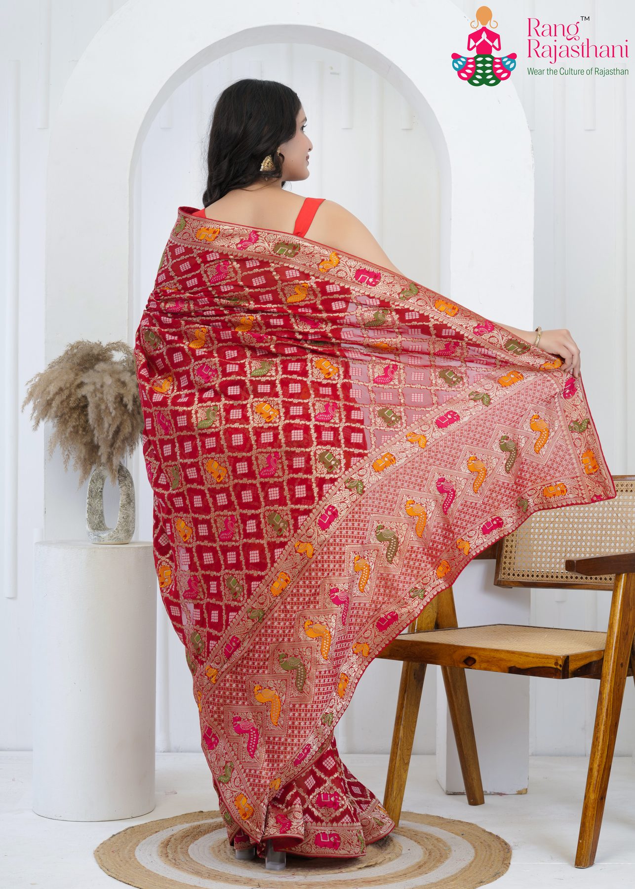 Red Khaddi Georgette Meenakari Saree : Sanskaar Grace