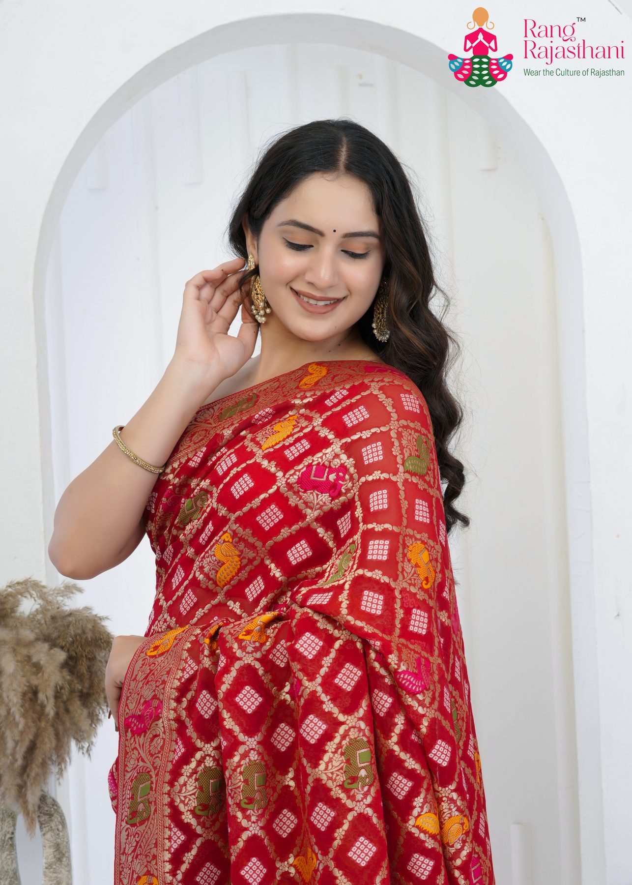 Red Khaddi Georgette Meenakari Saree : Sanskaar Grace