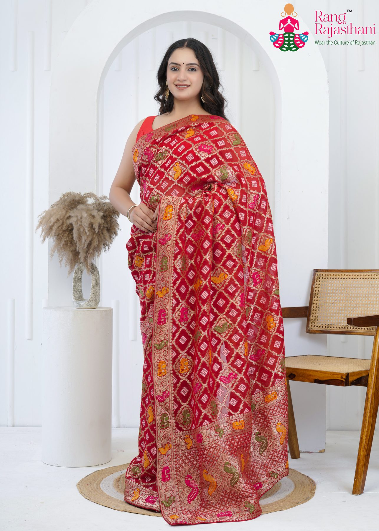 Red Khaddi Georgette Meenakari Saree : Sanskaar Grace
