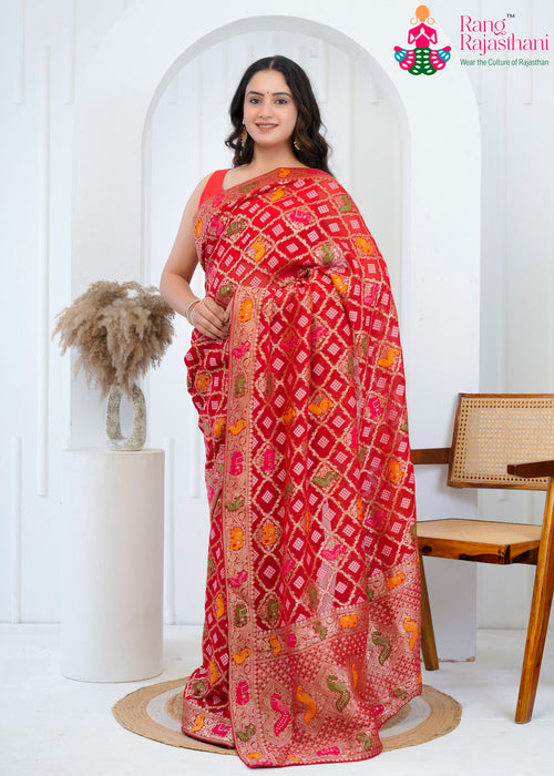 Red Khaddi Georgette Meenakari Saree : Sanskaar Grace