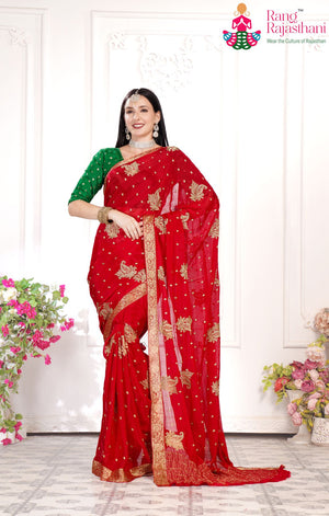 Red Chinnon Zari Embroidery Saree for Wedding Guest | Designer Pick