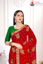 Red Pure Chinon saree with Zari Work side drape view