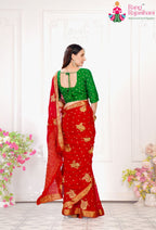 Red Pure Chinon saree with Zari Work back view