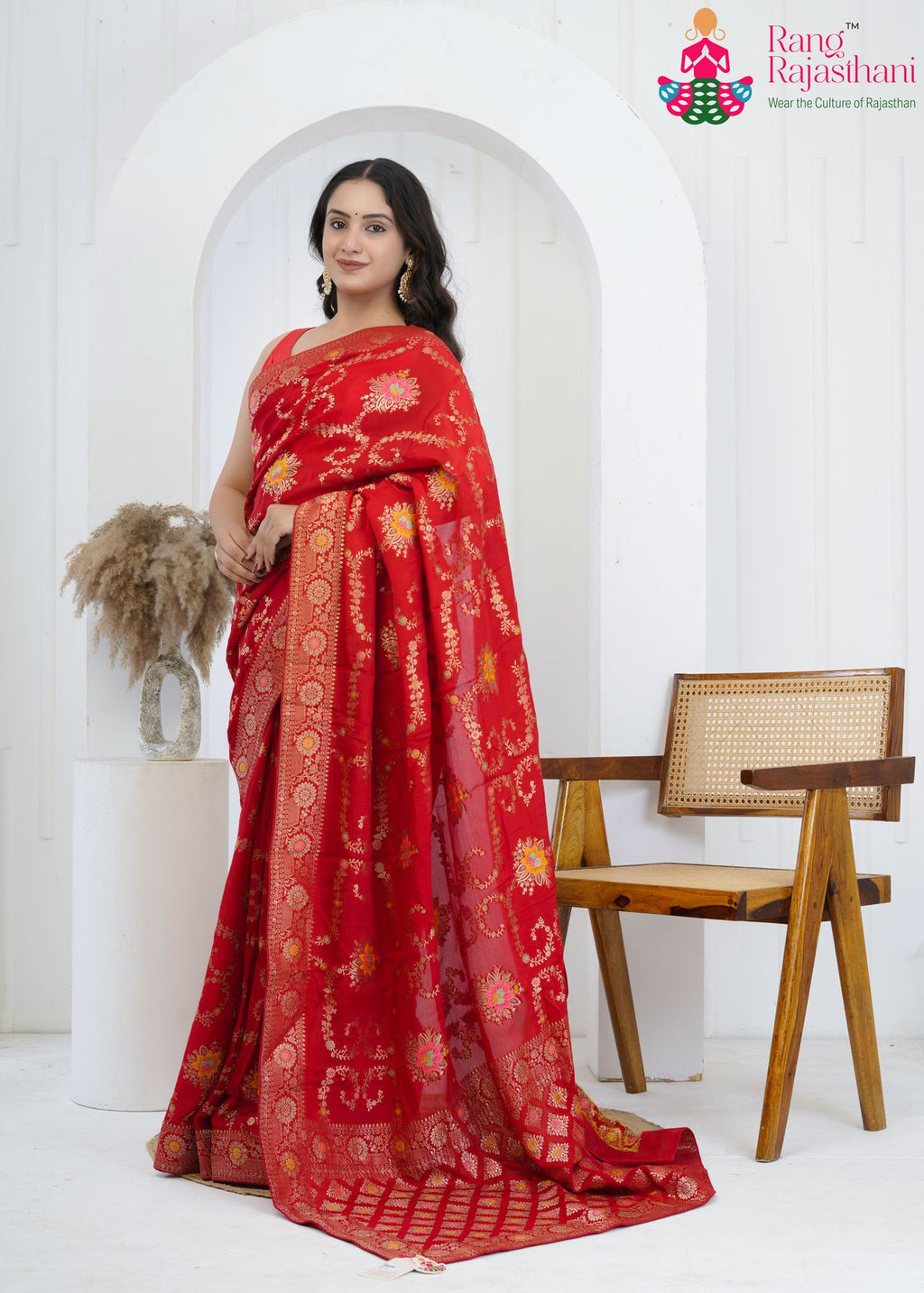 Red Pure Crape Chinon Reception saree with Banarasi Khaddi Work Mina Jaal from Rang Rajasthani