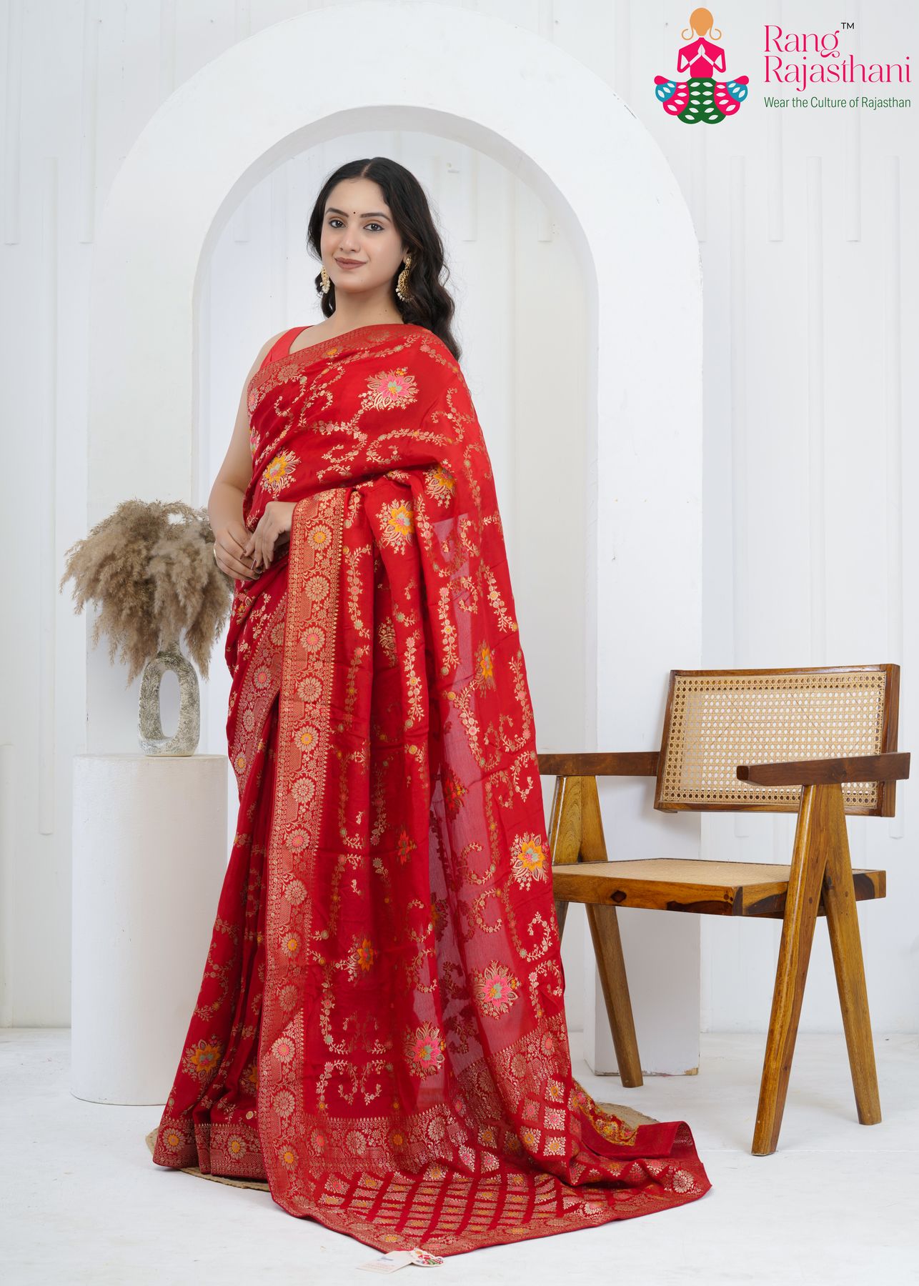Red Crape Chinon Regal Bridal Saree : Folk Fusion