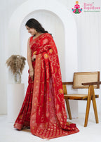 Red Pure Crape Chinon saree with Banarasi Khaddi Work Mina Jaal side drape view