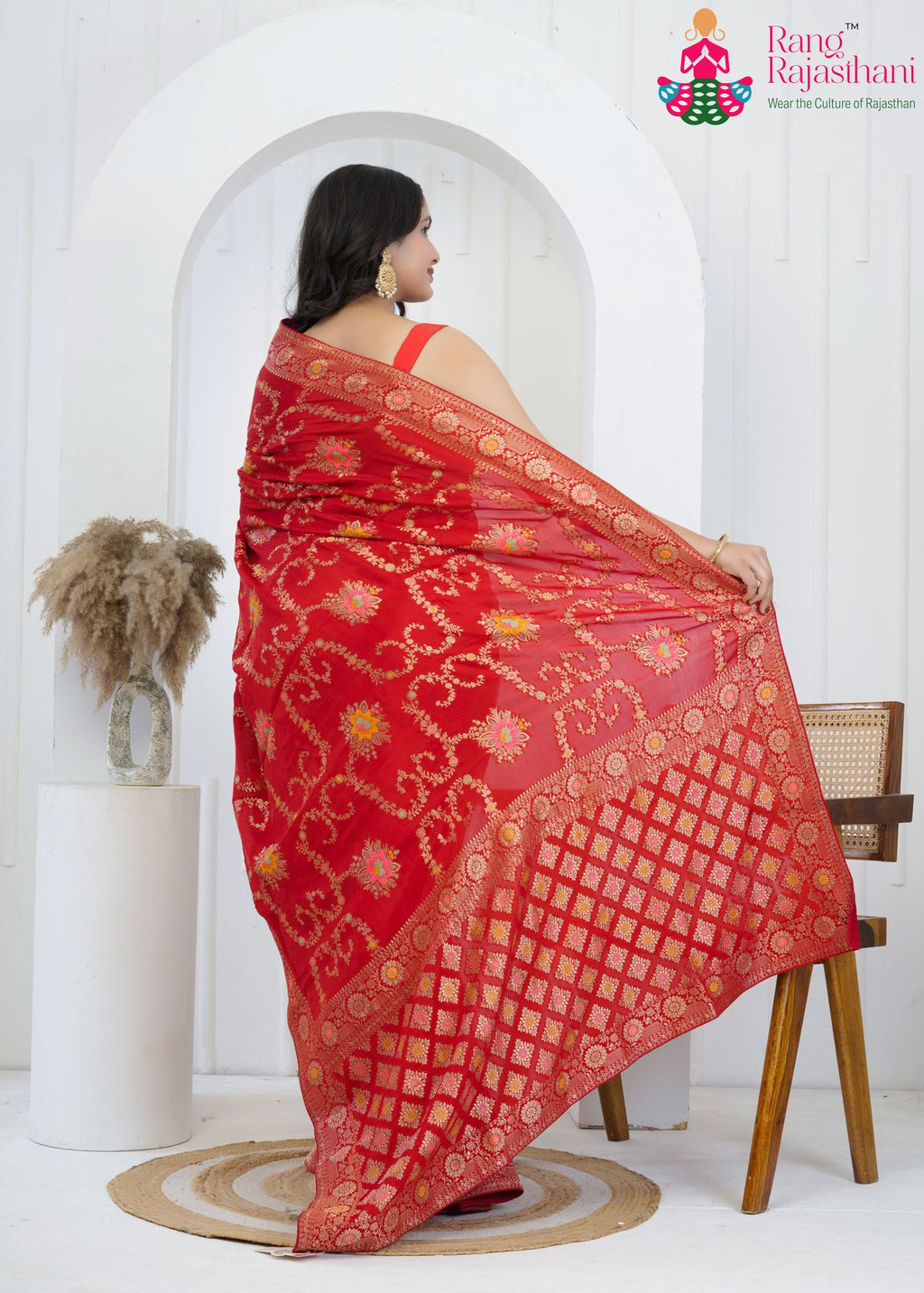 Red Pure Crape Chinon saree with Banarasi Khaddi Work Mina Jaal back view