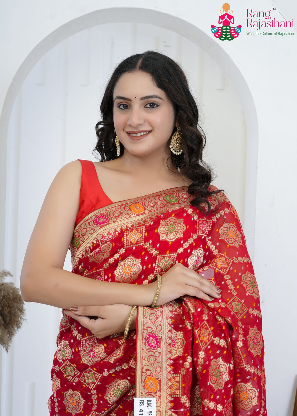 Red Pure Georgette saree with Khaddi Work back view