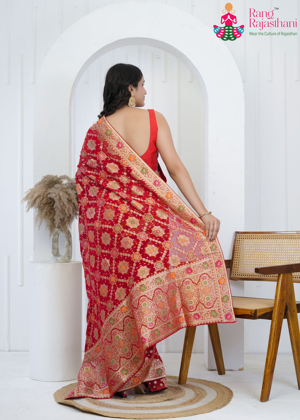 Red Pure Georgette saree with Khaddi Work close up detailing