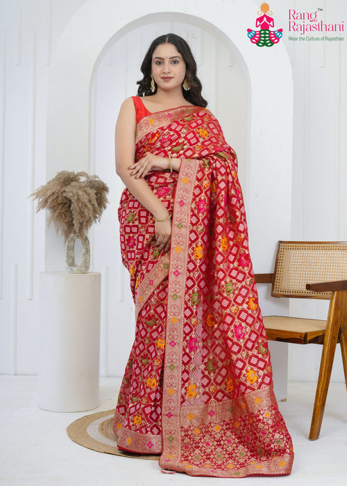 Red Khaddi Georgette Bandhani Saree : Meenakari Heritage Glow