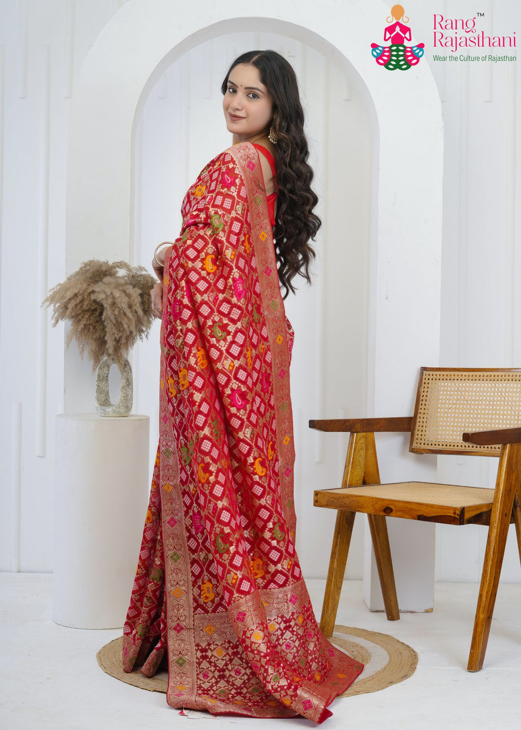 Red Pure Georgette saree with Khaddi Work side drape view