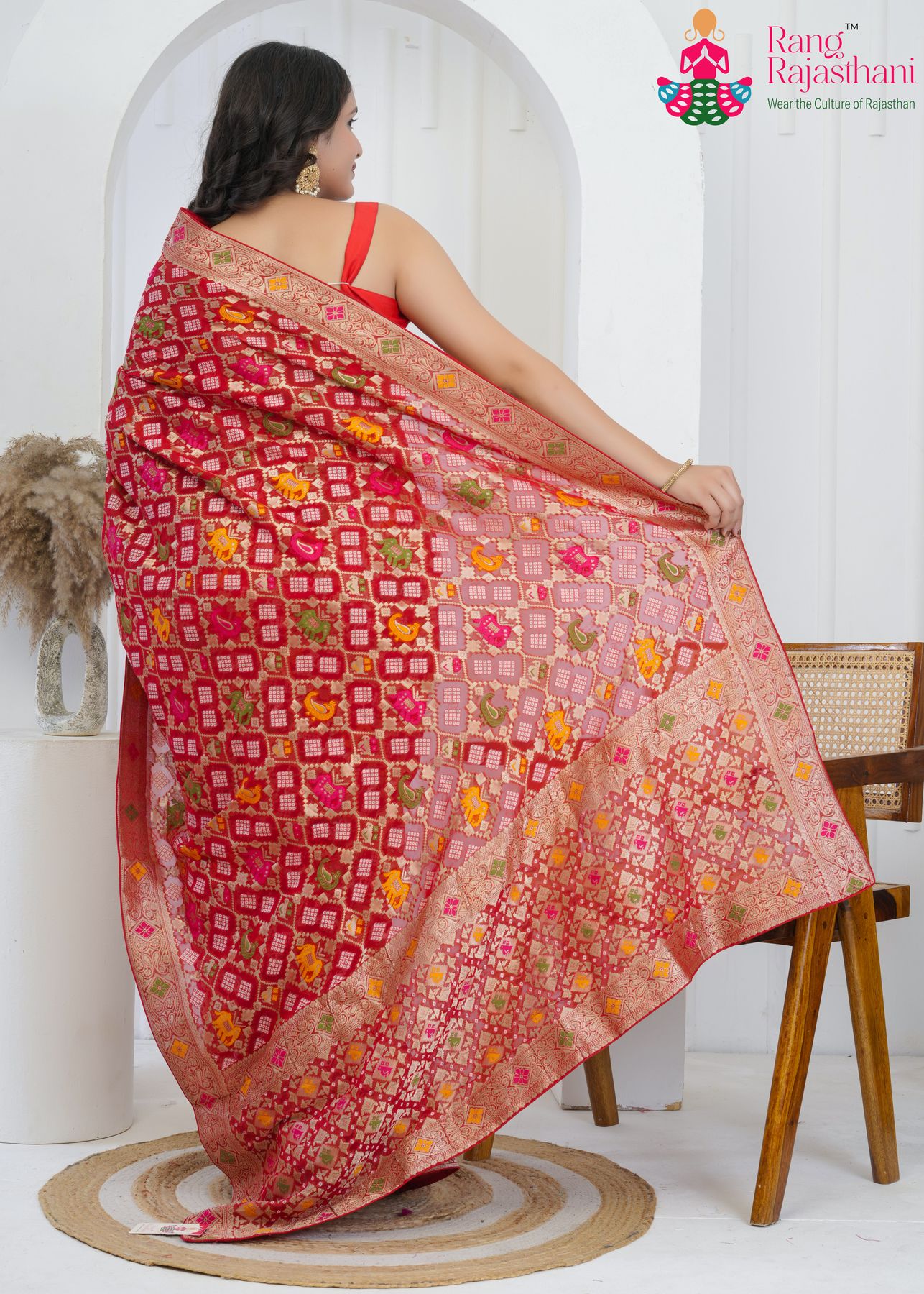 Red Khaddi Georgette Bandhani Saree : Meenakari Heritage Glow