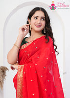 Red Pure Ho Silk saree with Mirror Work close up detailing