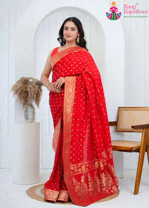 Red Chinnon Banarasi Zari Weave Saree for Wedding Guest | Handpicked Pick