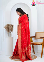 Red Pure Chinon saree with Zari side drape view