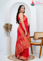 Red Pure Chinon saree with Zari pleats view