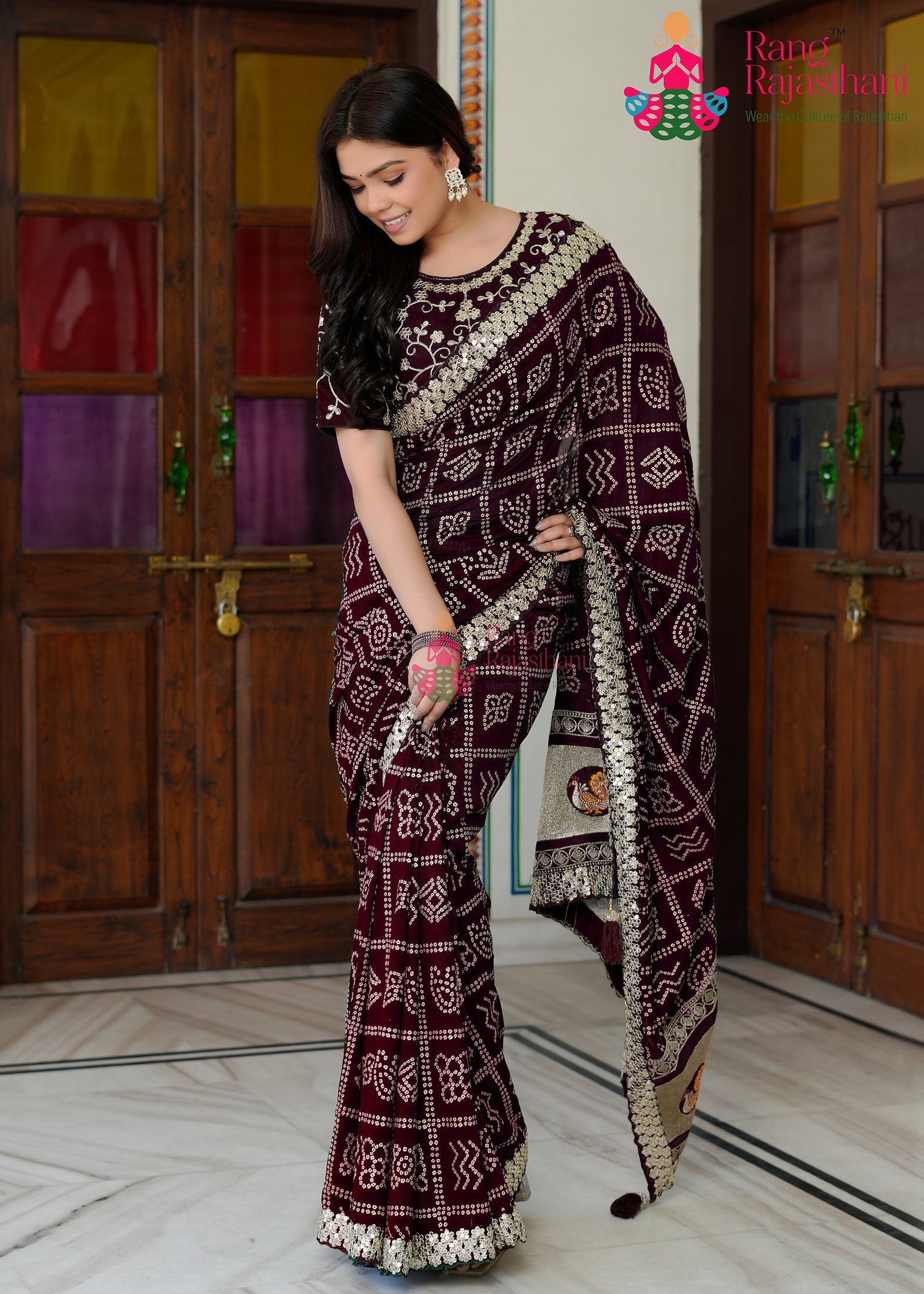 refined wine silk saree  for mayra ceremony by Rang Rajasthani
