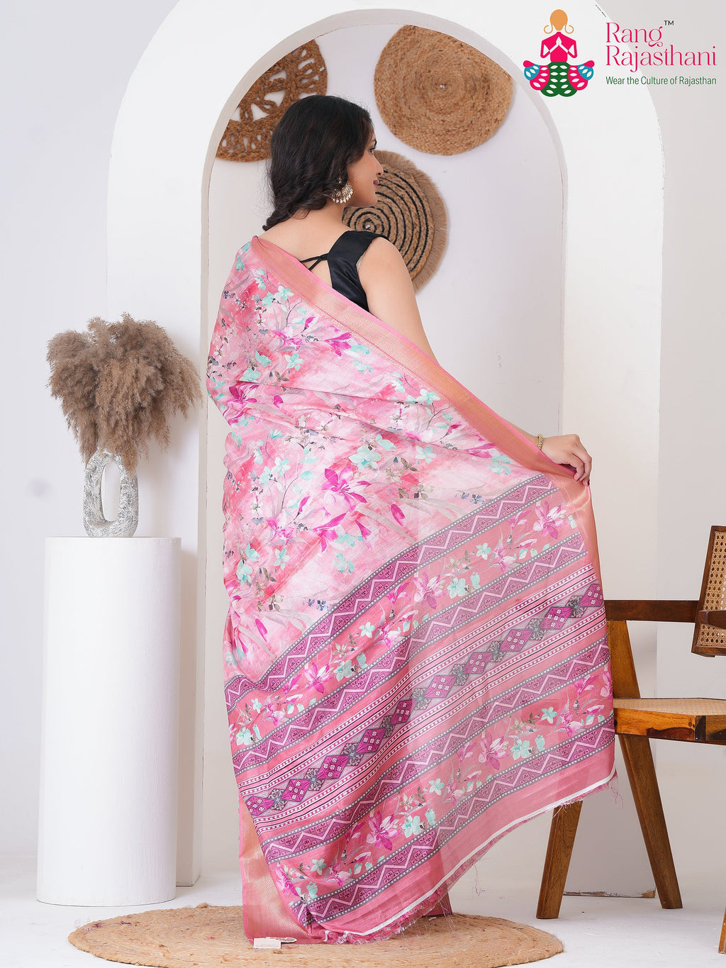 Pink Imported saree with Printed back view