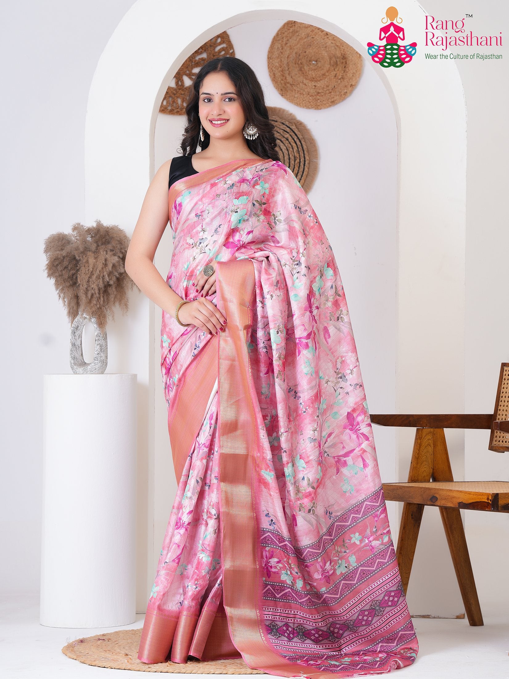 Pink Imported Party saree with Printed from Rang Rajasthani