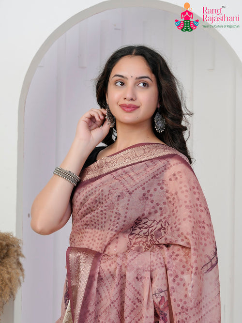 Dusty Rose Imported saree with Printed close up detailing