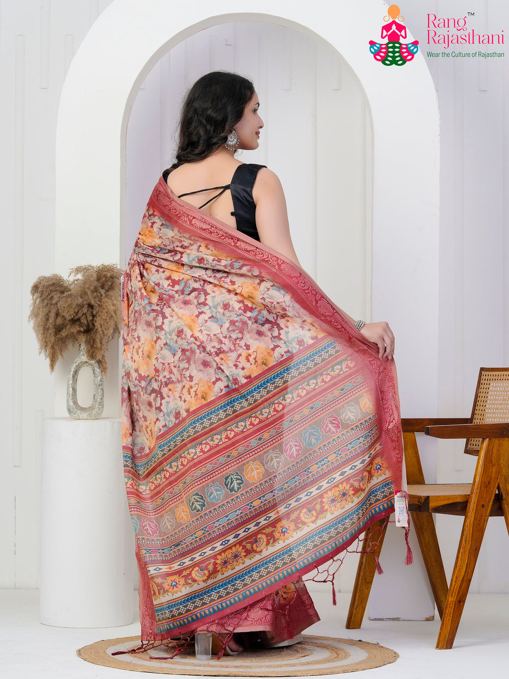 Pink Imported saree with Printed back view