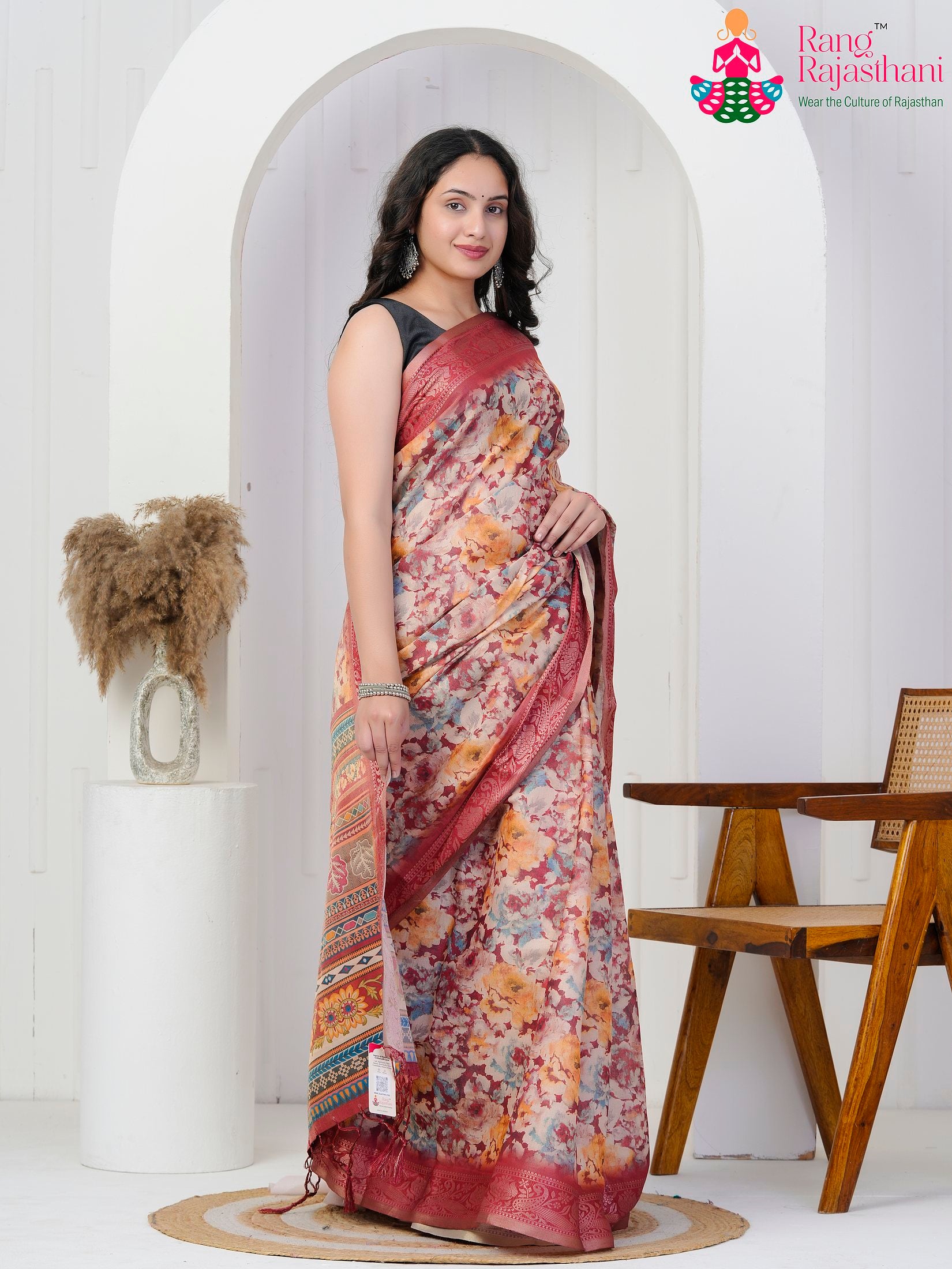 Pink Imported saree with Printed side drape view