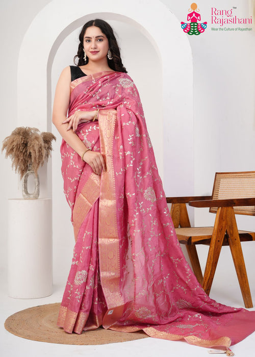 Pink Pure Ho Silk Zari Embroidery Saree for Festive Wear | Artisan Edit main-image