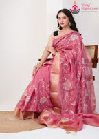 Pink Silk saree with Zari Work pleats view