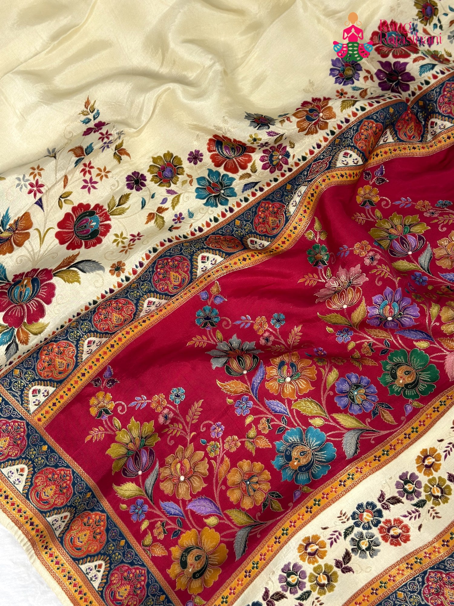 fabric texture of royal pure silk fine hand embroidery saree