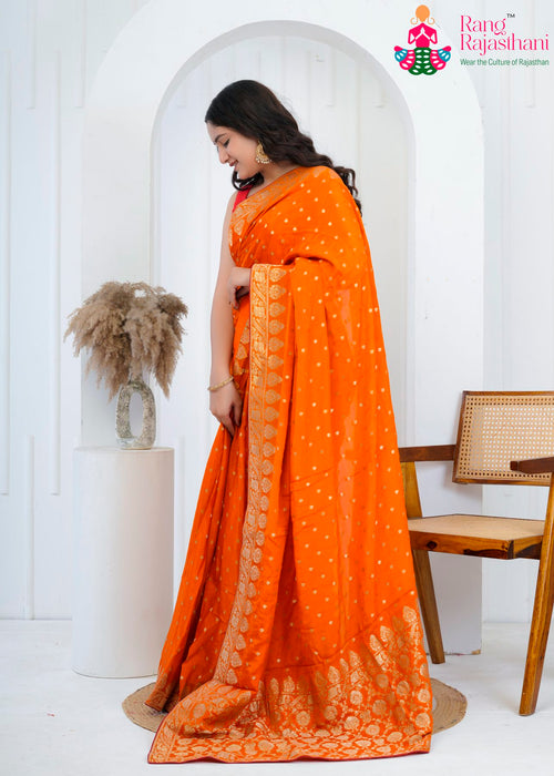 Orange Chinnon Banarasi Zari Weave Saree for Wedding Guest | Editor Pick main-image