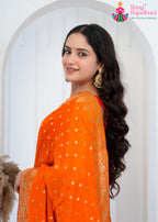 Orange/Rust Pure Chinon saree with Zari Work close up detailing