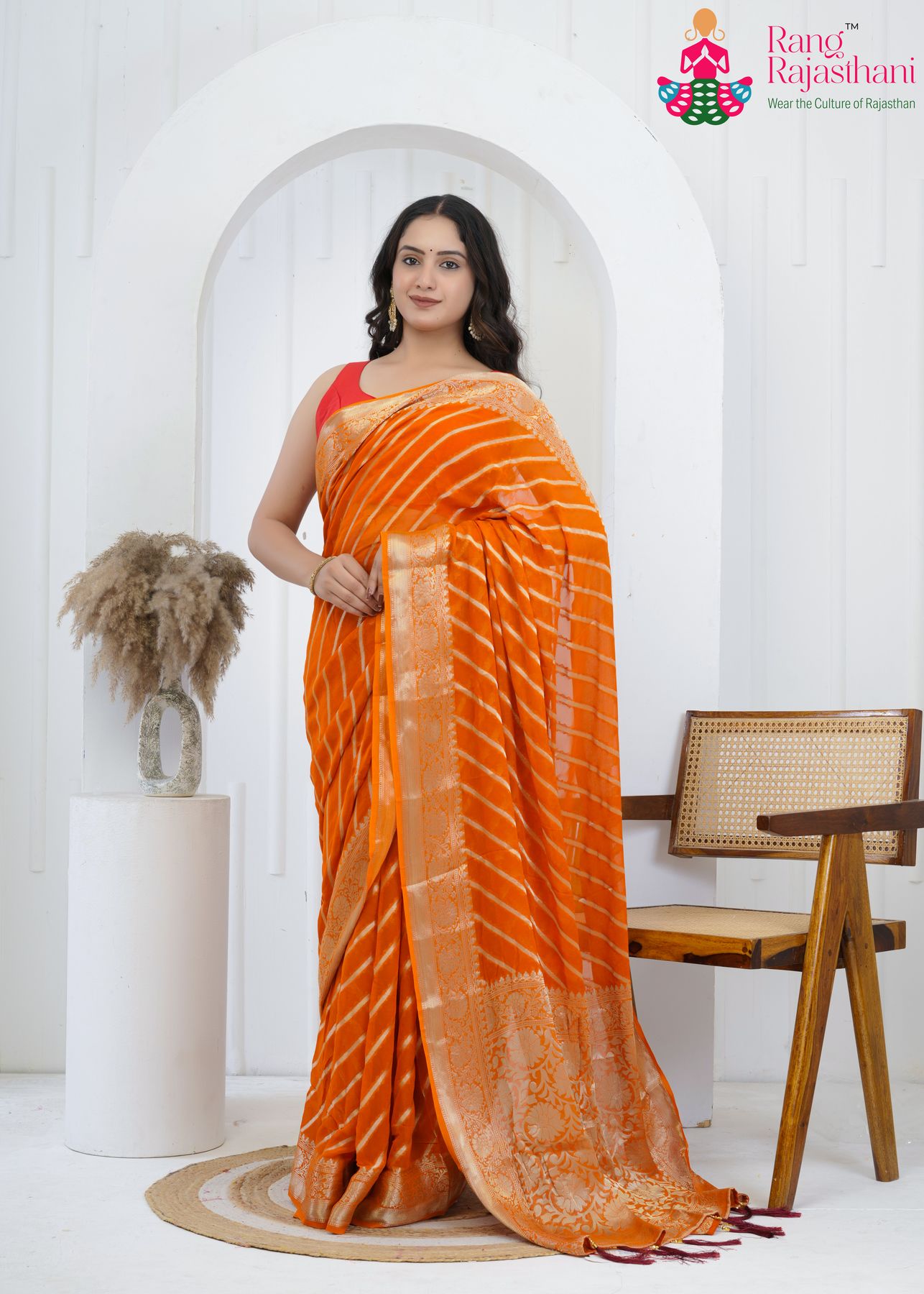 Rust Orange Georgette Heritage Saree : Banarasi Warm Bloom