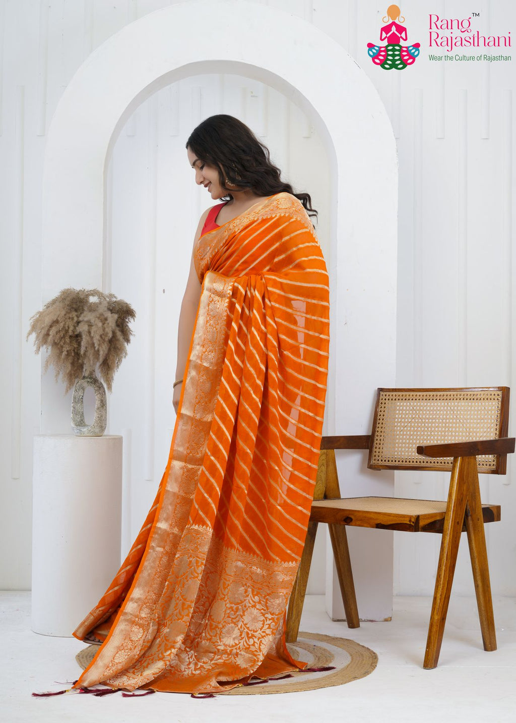 Rust Orange Georgette Heritage Saree : Banarasi Warm Bloom