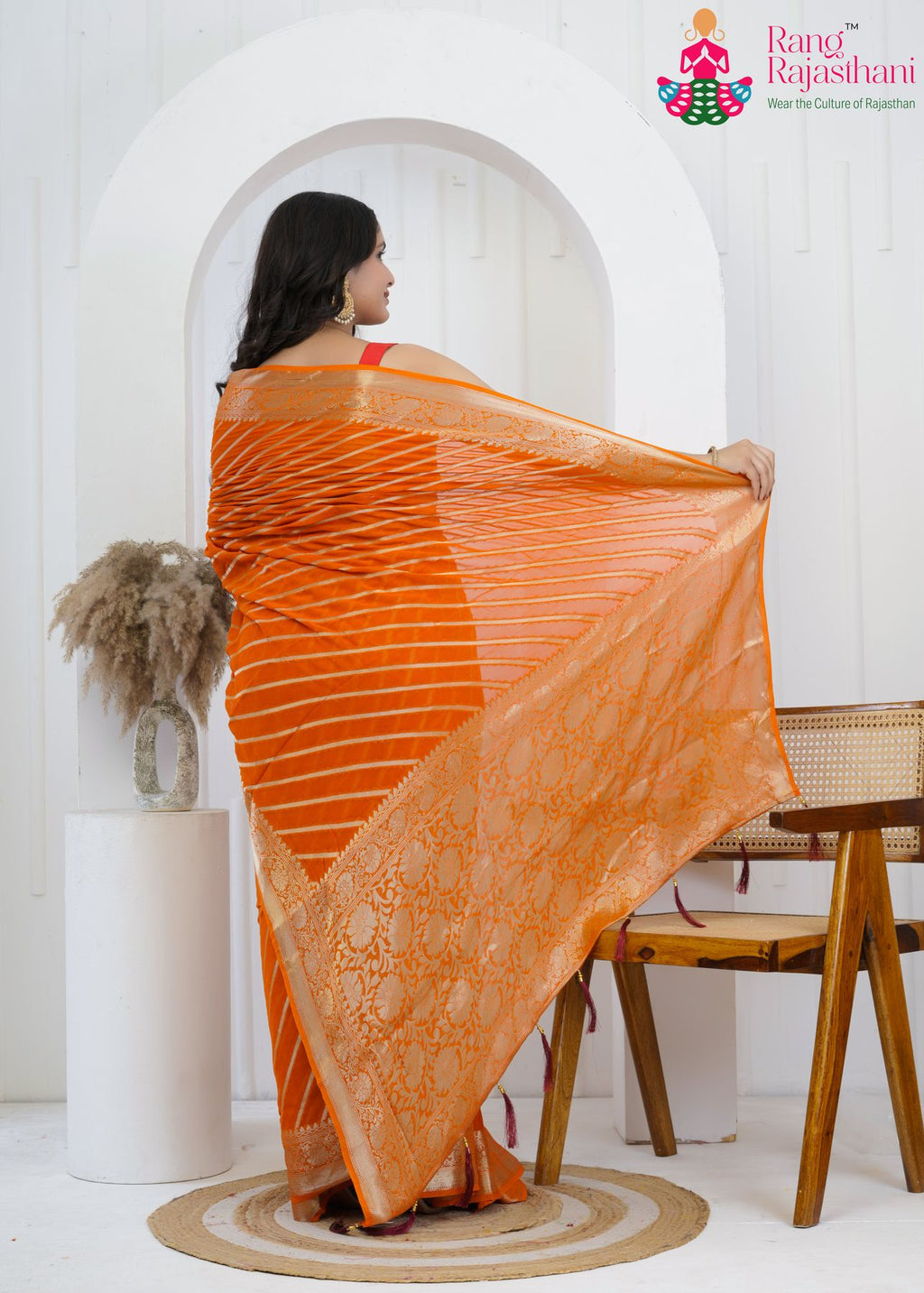 Rust Orange Georgette Heritage Saree : Banarasi Warm Bloom