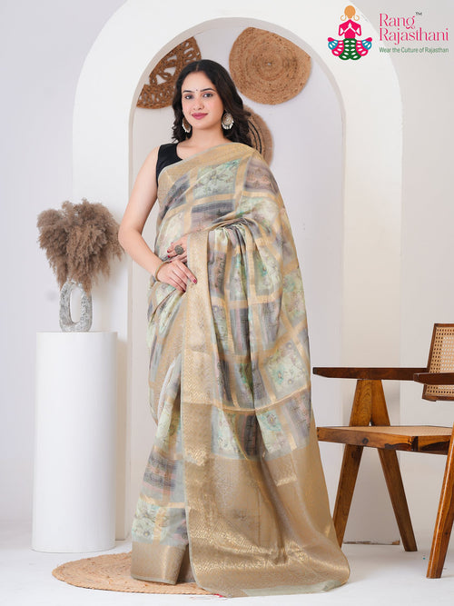 Sage Green Cotton Silk Banarasi Weaving Saree : Subtle Gold Grace main-image
