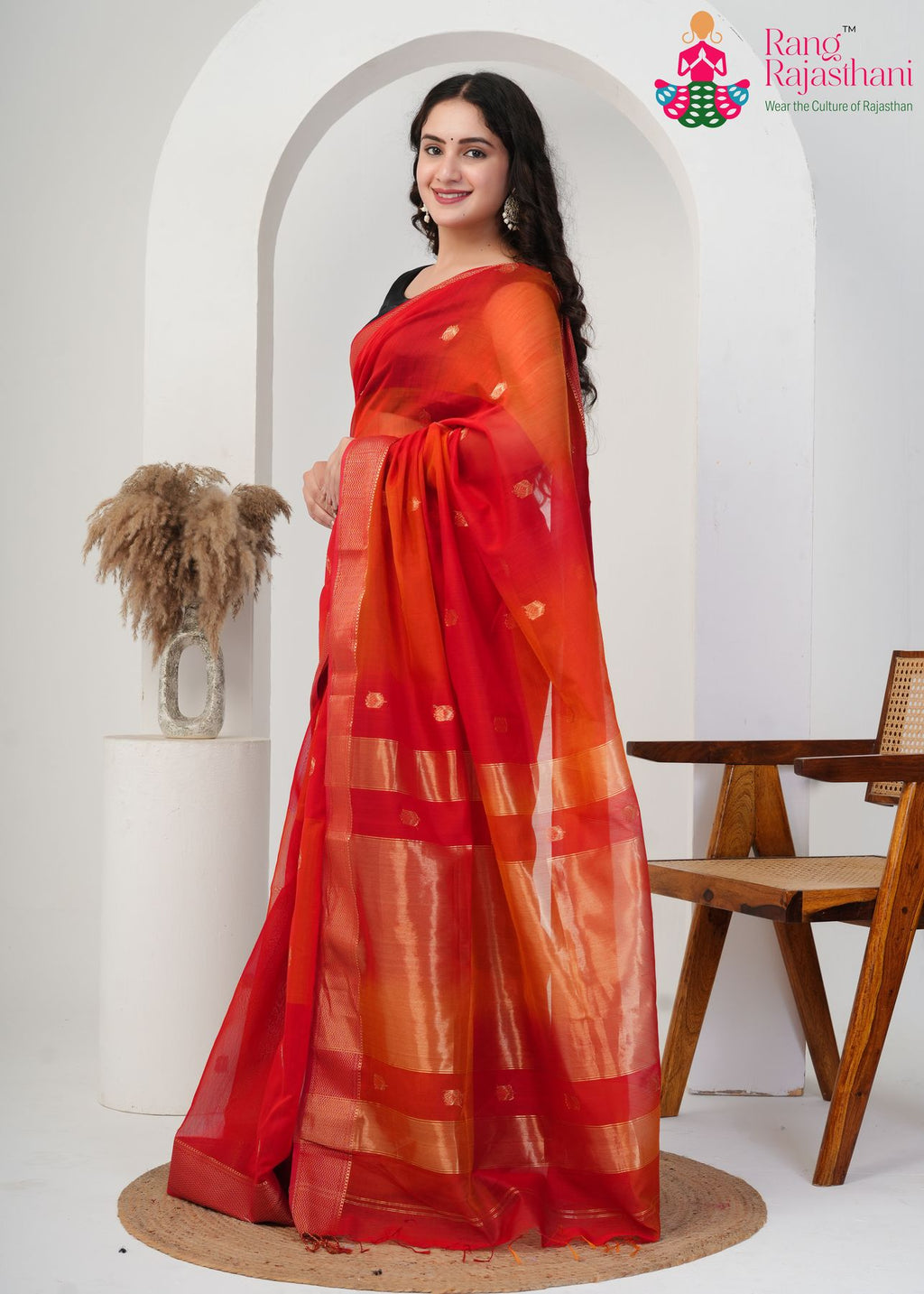 Multi Pure Maheshwari Silk saree with Khaddi Work side drape view