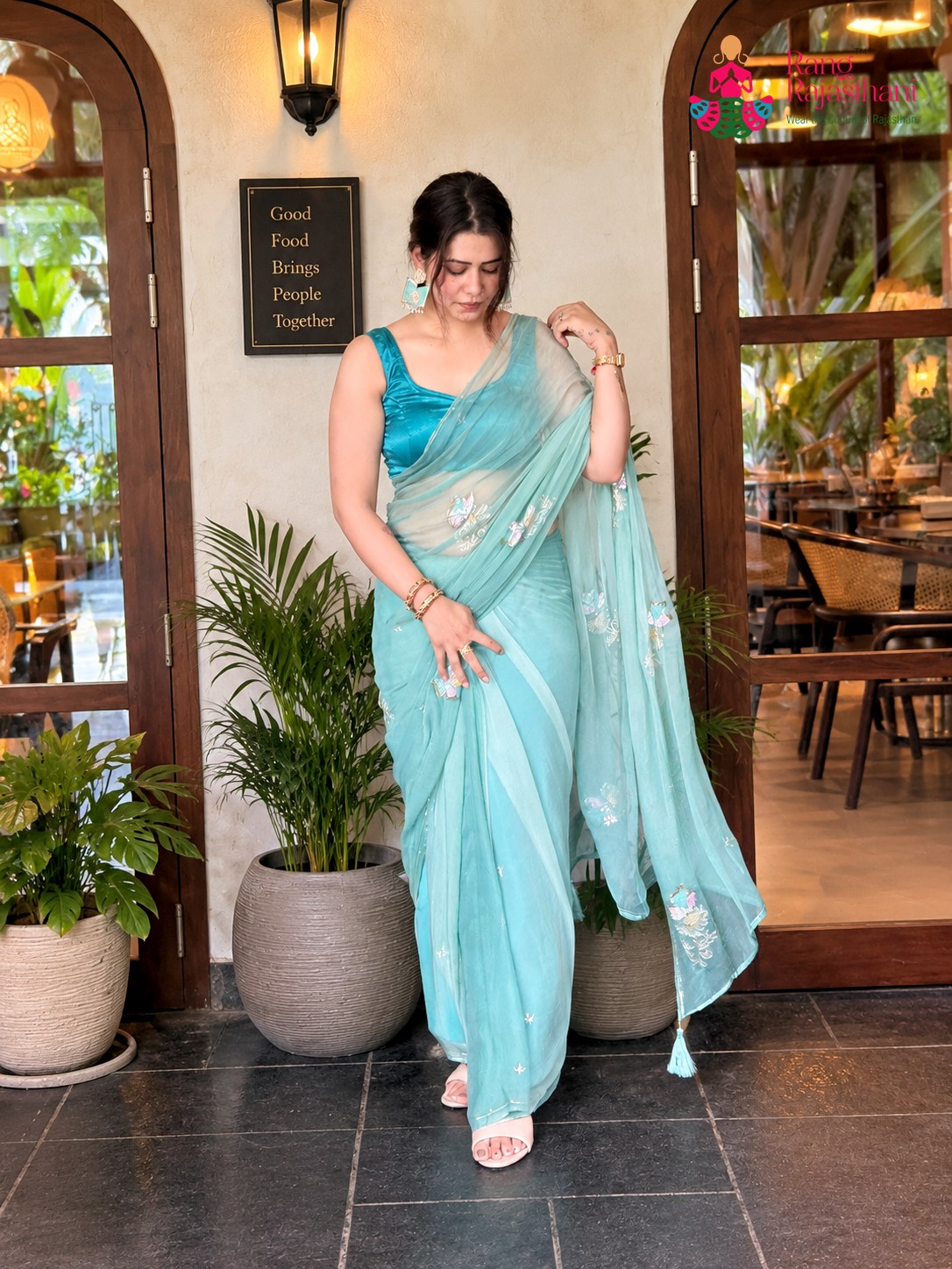 Sea Green Pure Chiffon Sequin Saree for Mehendi Ceremony | Luxe Drape
