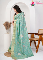 See Green Pure Silk saree with Zari Work side drape view