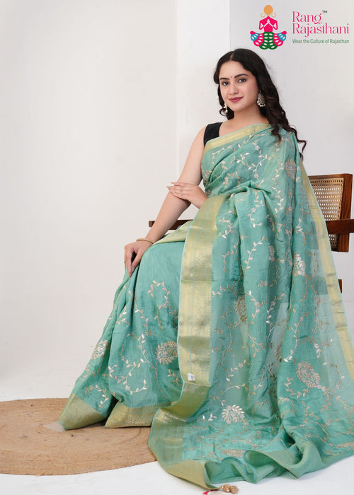Green Pure Ho Silk Zari Embroidery Saree for Wedding Guest | Indian Edit main-image