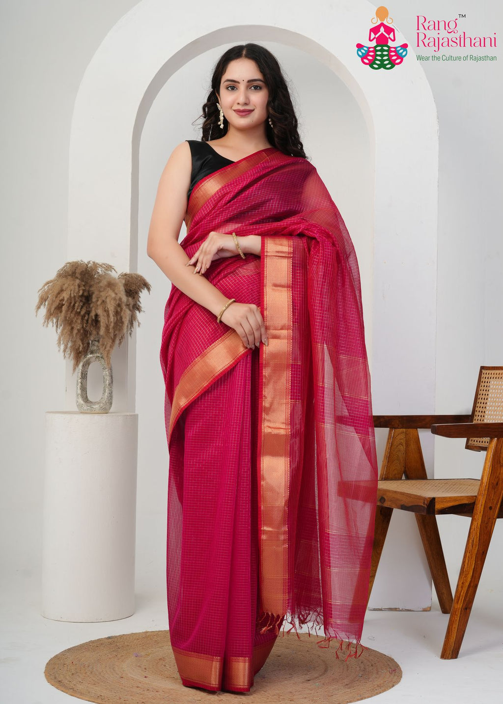 Rani Pure Maheshwari Silk office party saree with Khaddi Work from Rang Rajasthani