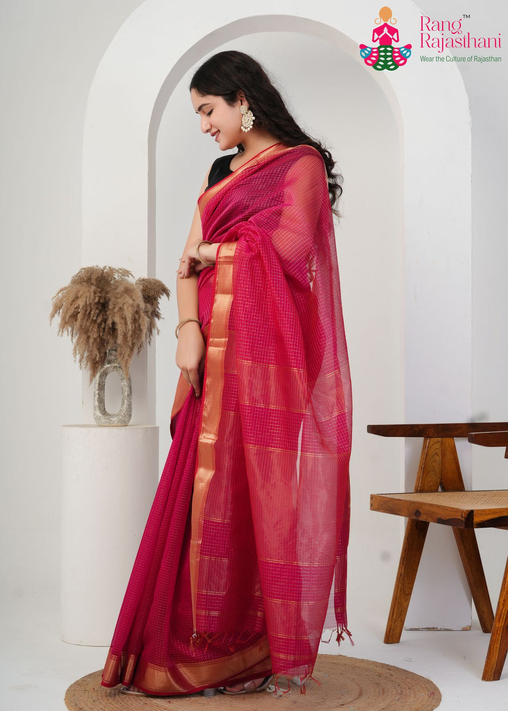 Rani Pure Maheshwari Silk saree with Khaddi Work side drape view