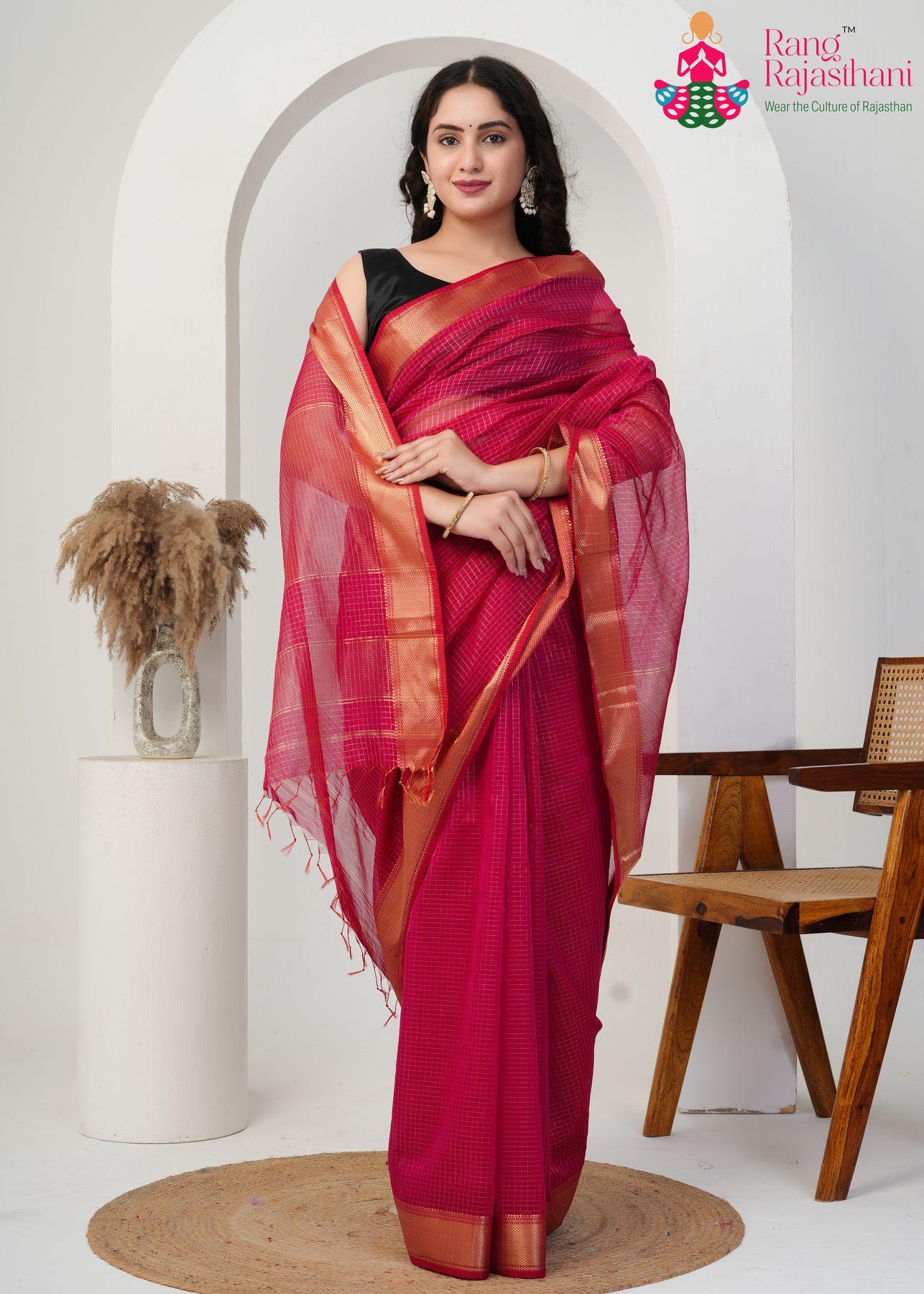 Rani Pure Maheshwari Silk saree with Khaddi Work border detailing