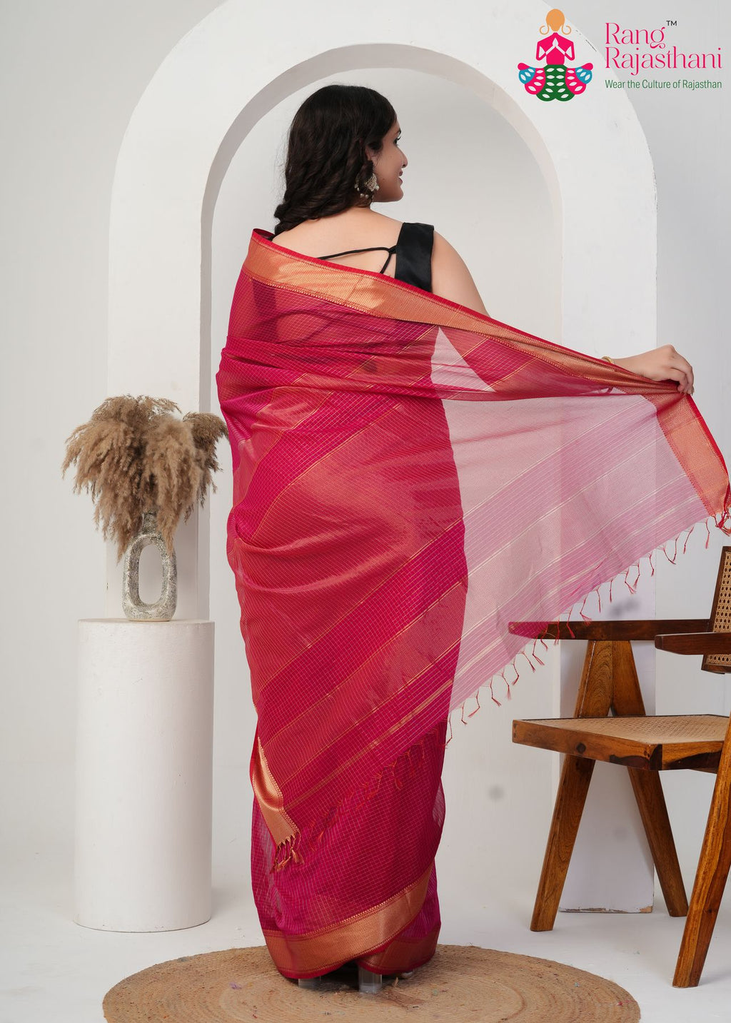 Rani Pure Maheshwari Silk saree with Khaddi Work back view