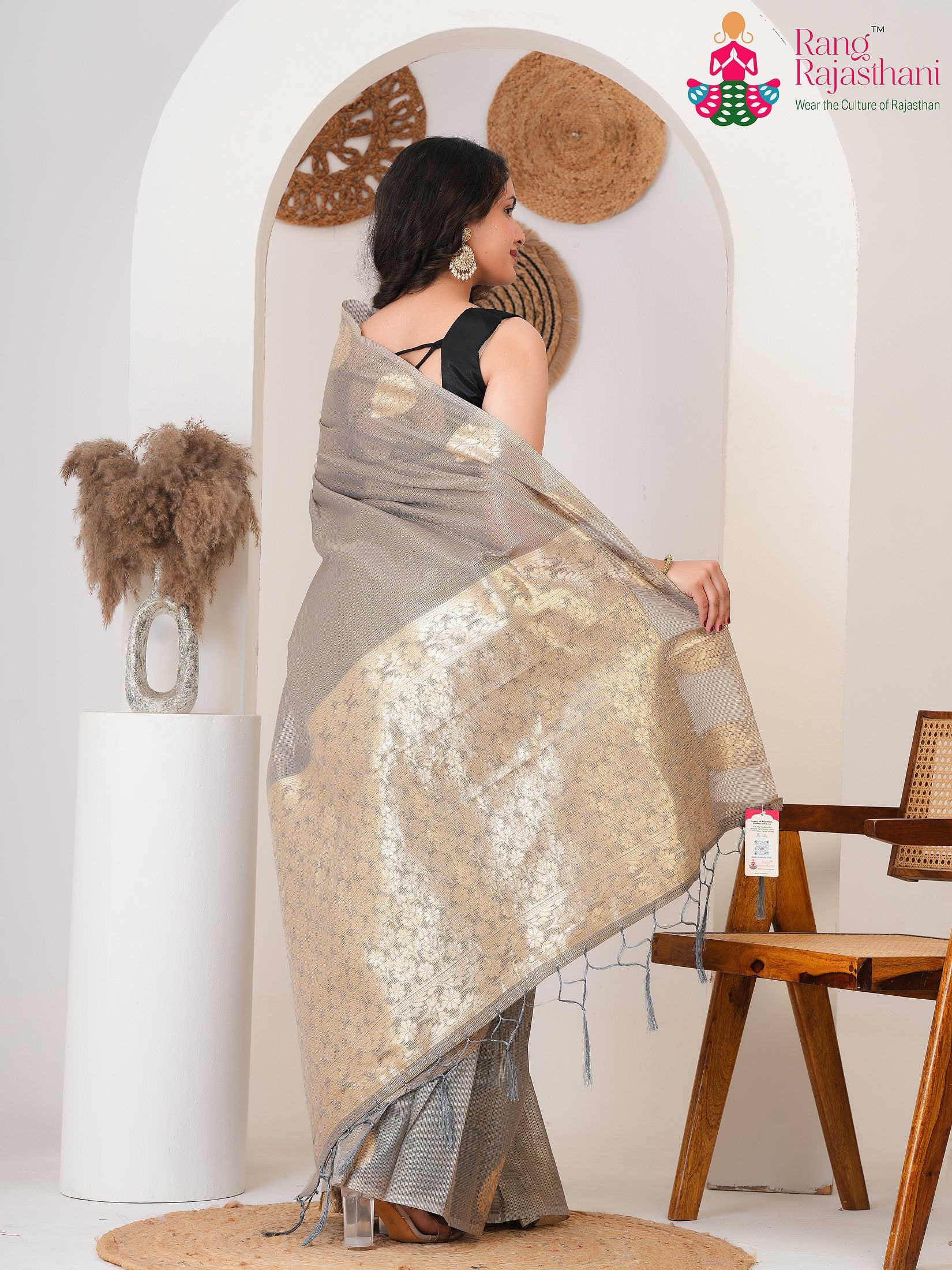 Gray Imported saree with Weaving back view