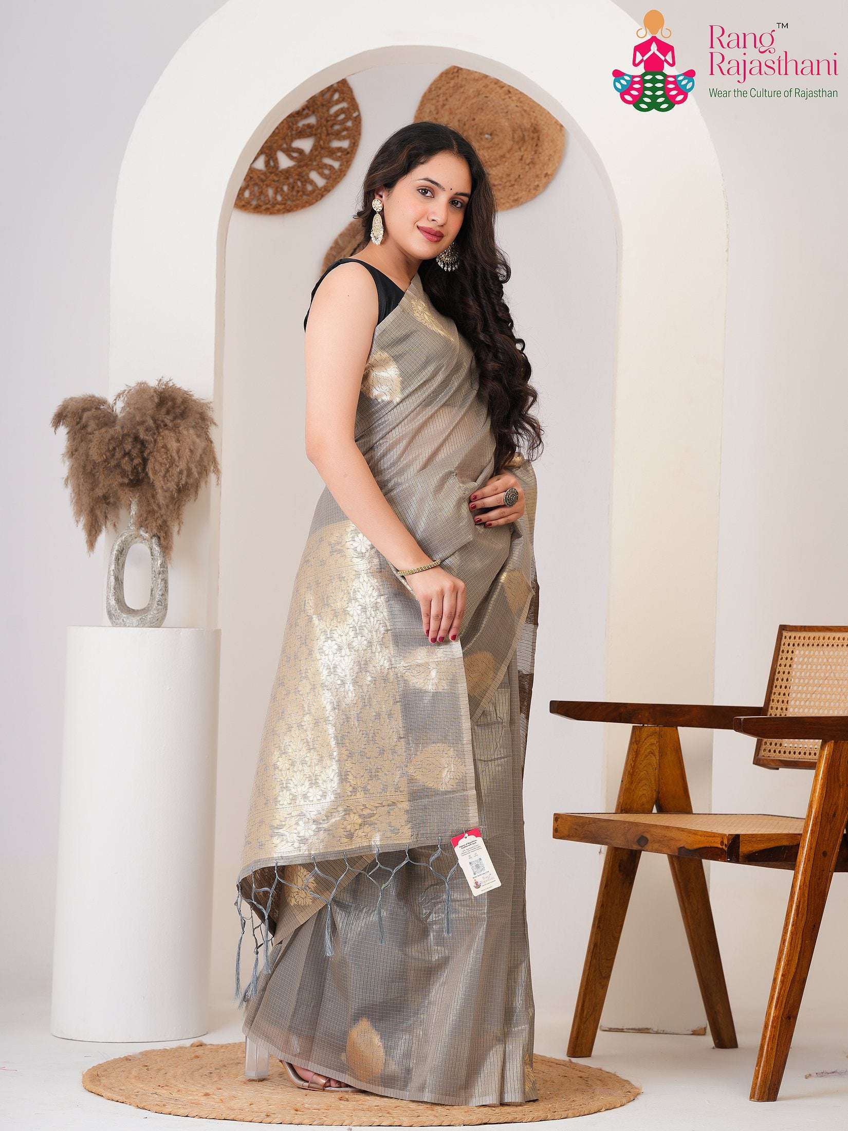 Gray Imported saree with Weaving side drape view