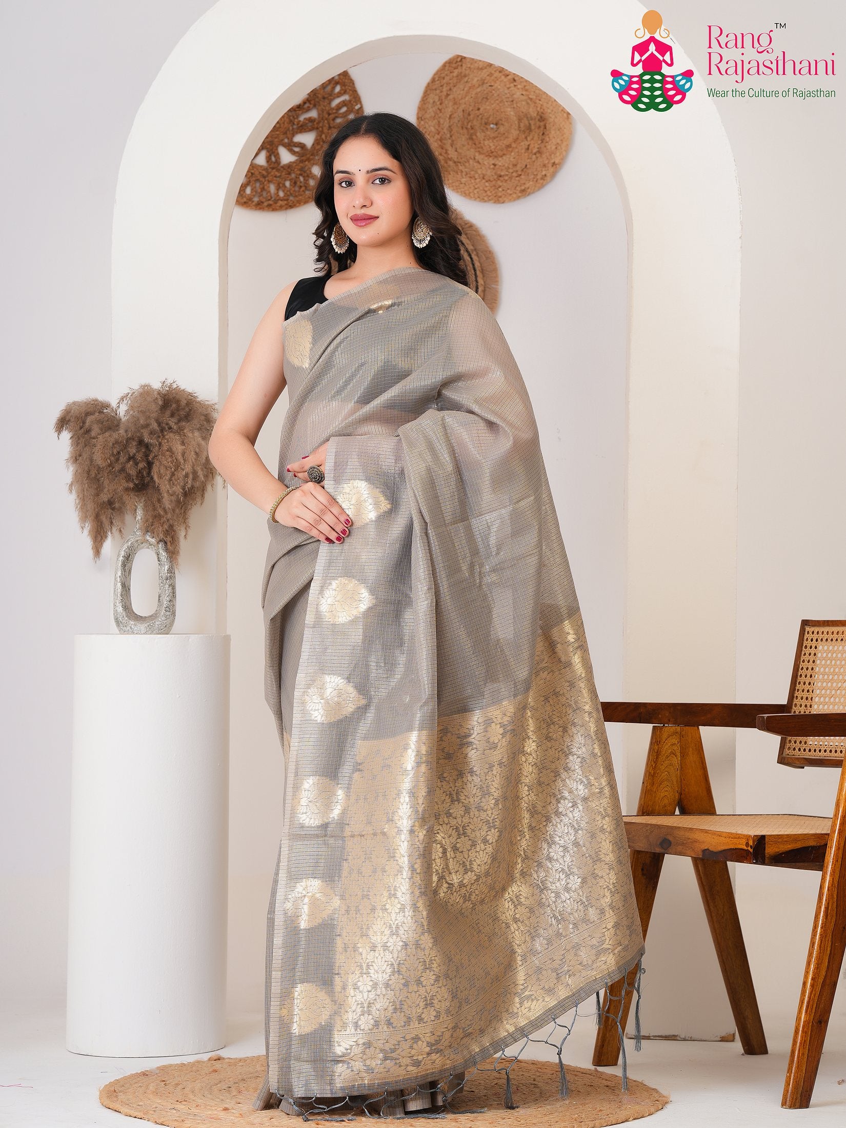 Gray Imported Party saree with Weaving from Rang Rajasthani