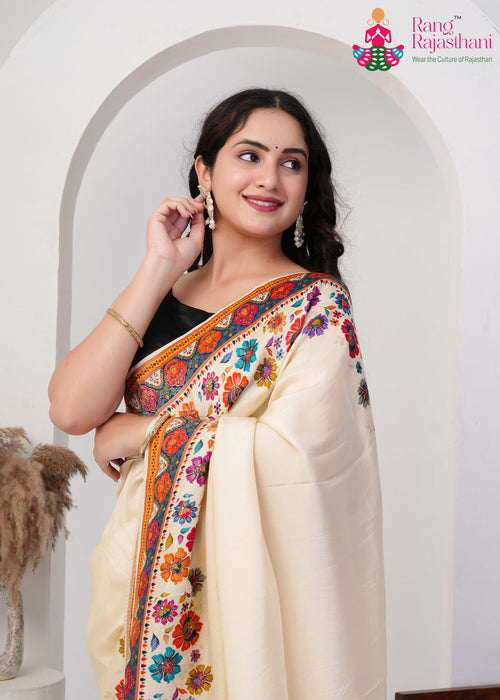 Cream Pure Silk saree with Hand Embroidery close up detailing