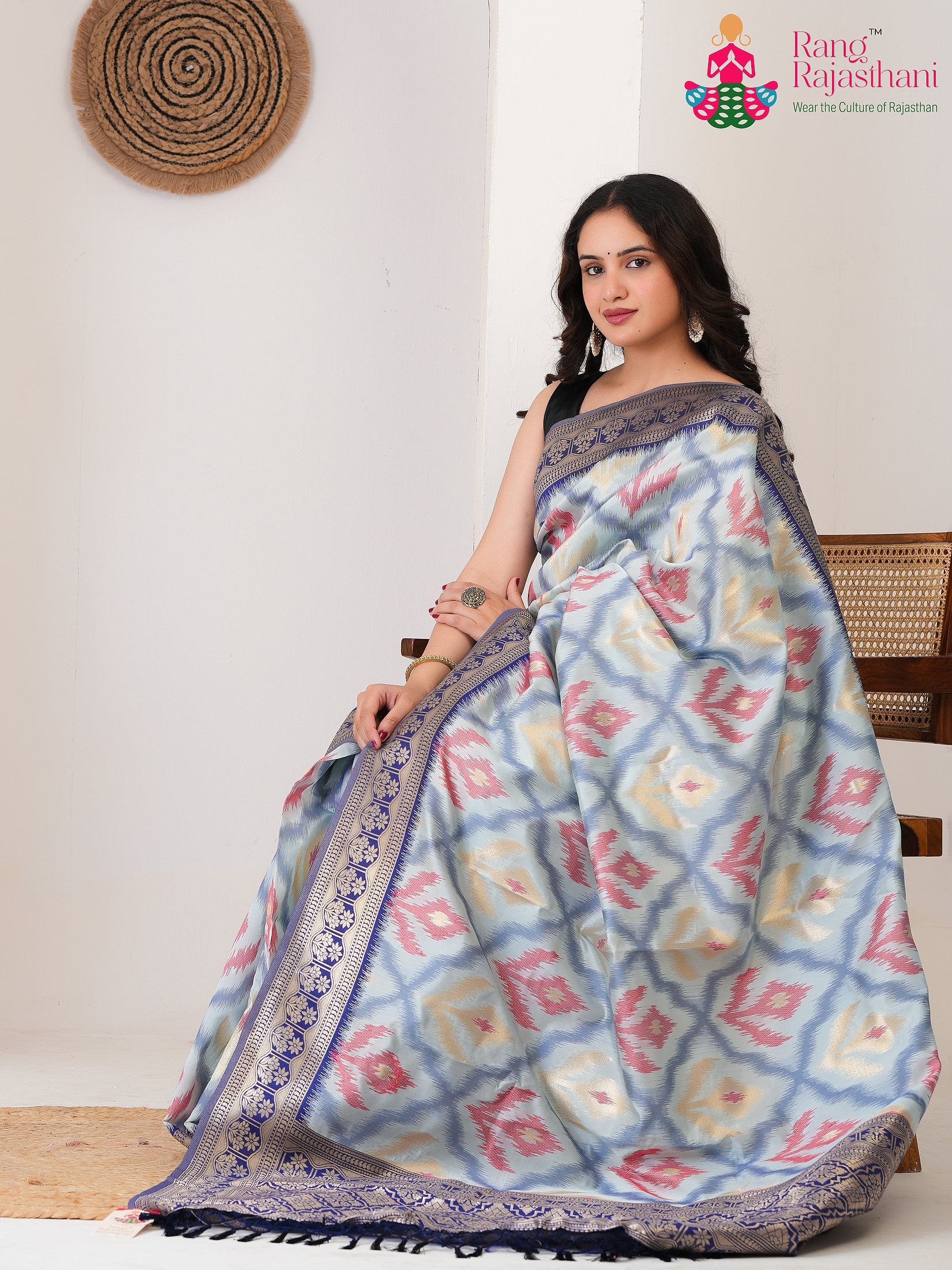 Blue Synthetic Silk saree with Printed pallu detailing