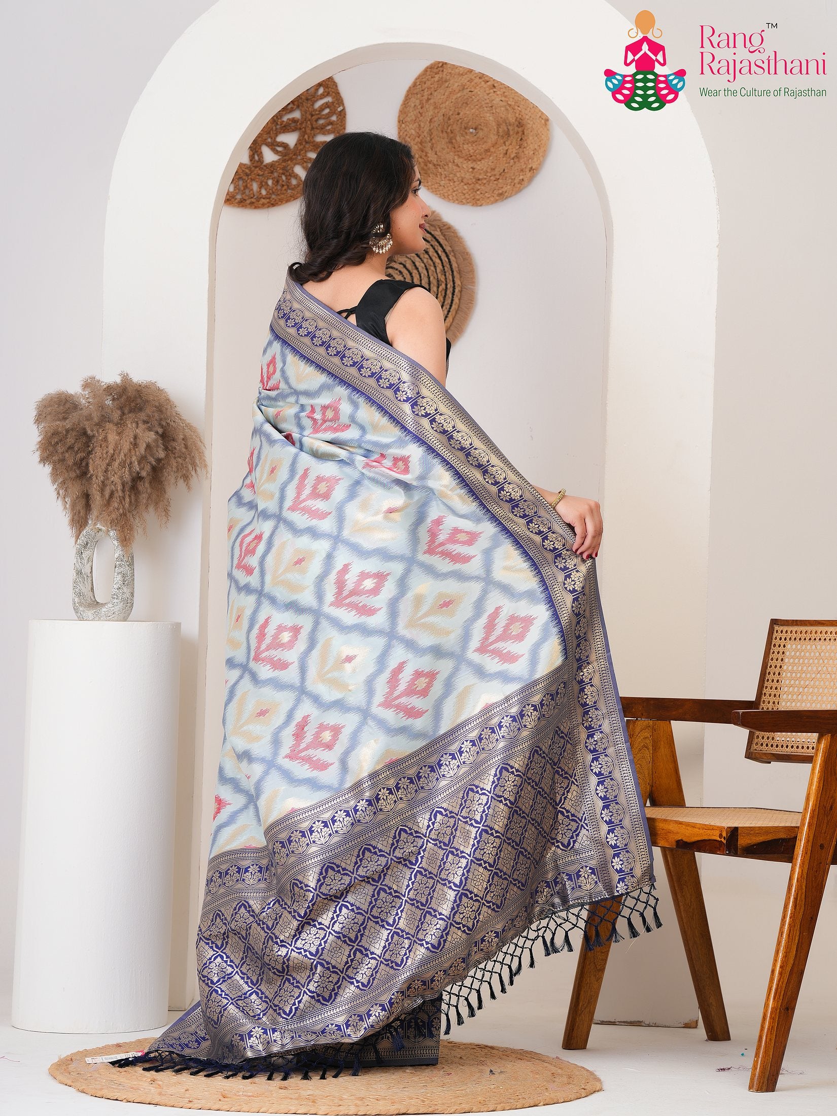 Blue SyntheticSilk saree with Printed back view