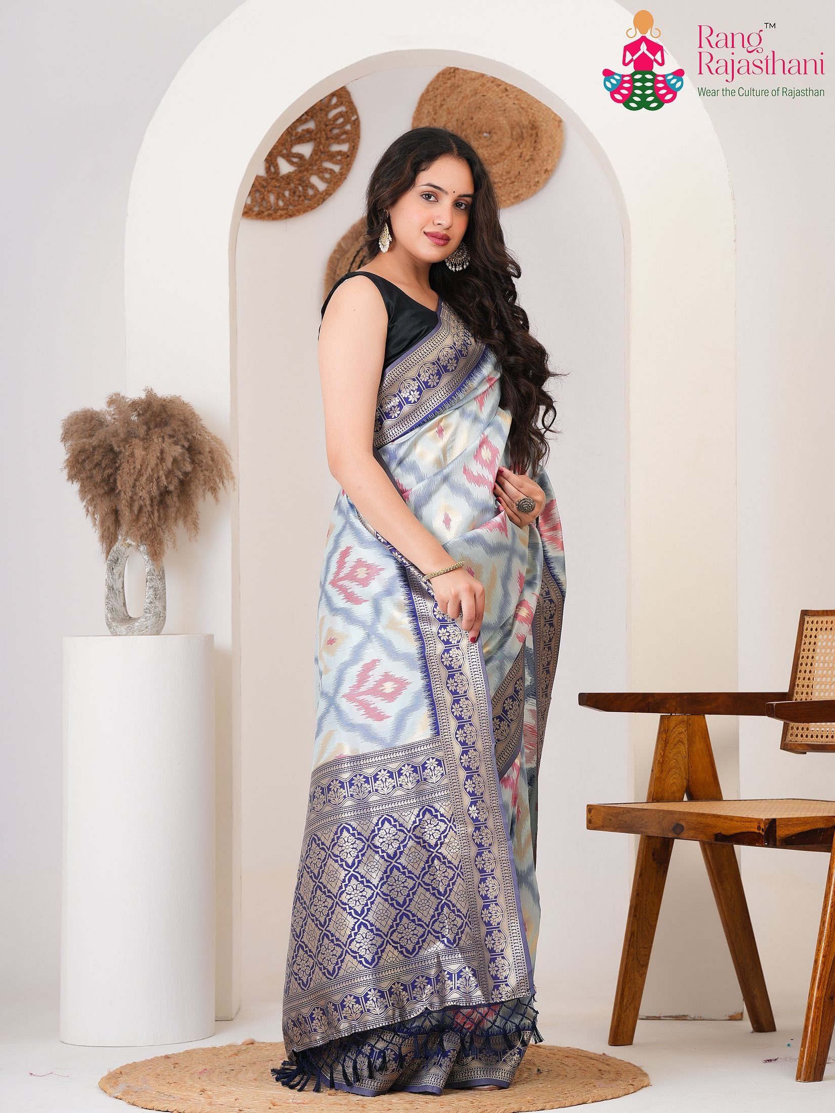 Blue SyntheticSilk saree with Printed side drape view